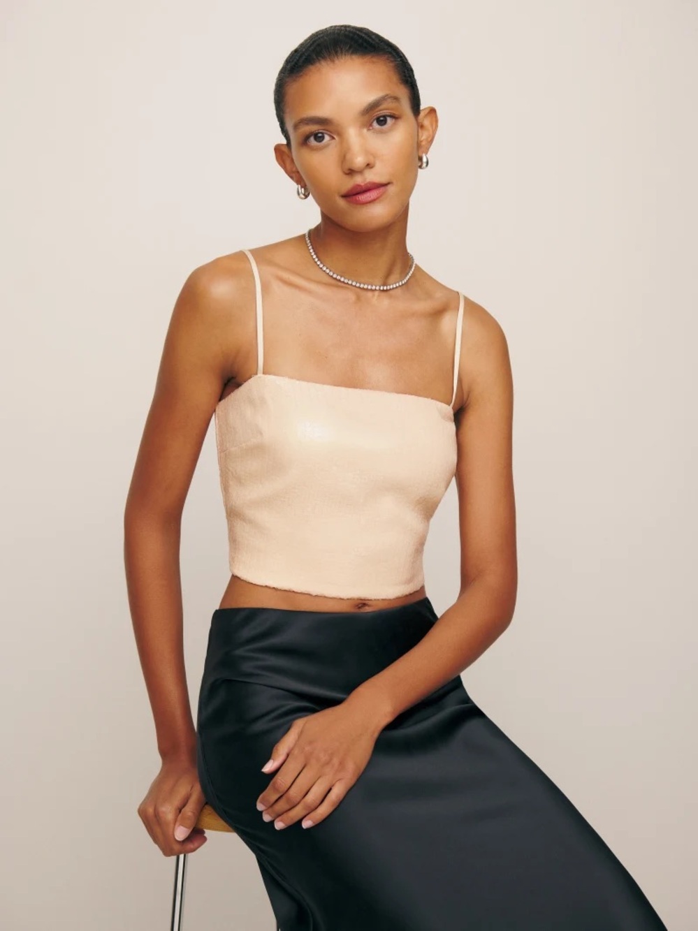 Reformation Jovelle Sequin Crop Top Size 14 Blush Pink Spaghetti Strap Camisole